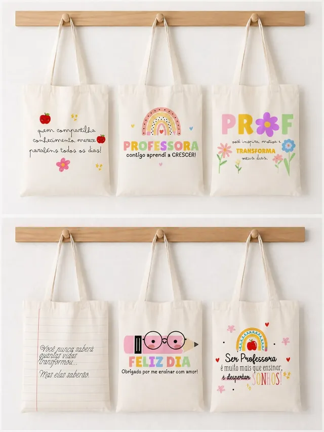 Seis ecobags cruas penduradas, cada uma com uma arte diferente: Professora contigo aprendi a crescer, PROF com flor, Feliz dia com lápis de óculos, Ser professora com arco-íris, folha de caderno e frase com maçãs.